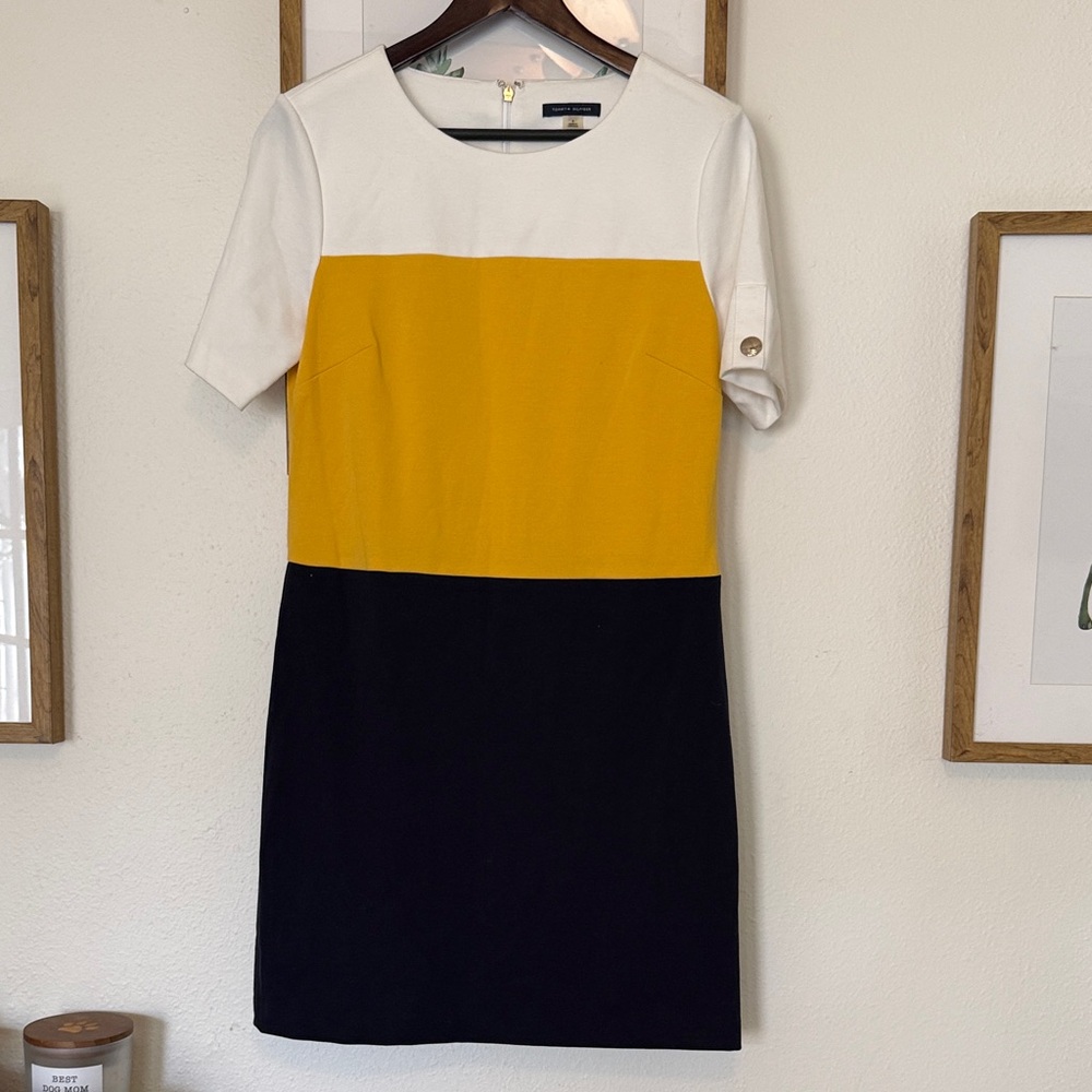 Colorblock Dress in White, Yellow, and Navy Blue